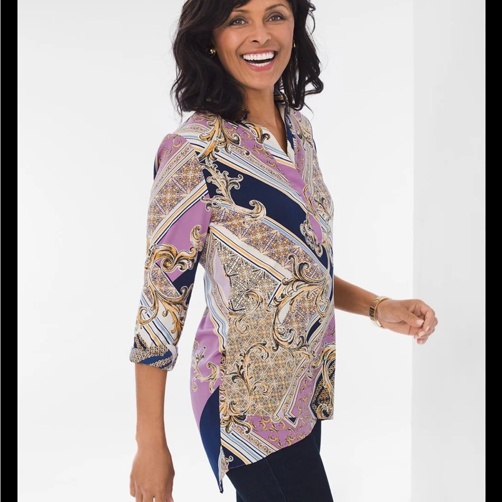 Chico's Cream and Gold Graphic Blouse with Mandarin Collar